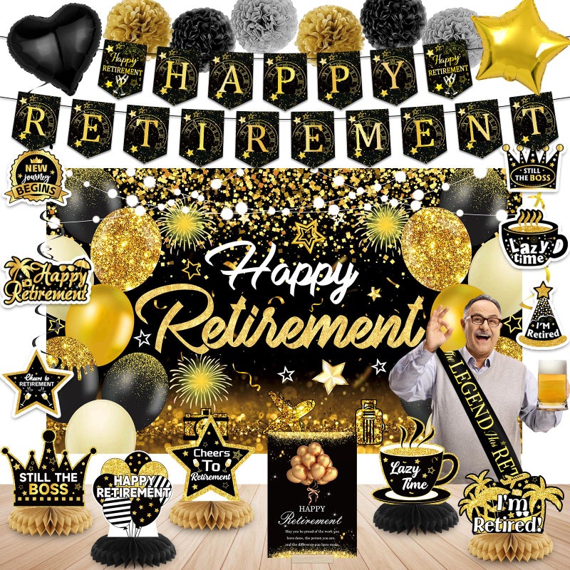 Bolake Happy Retirement Party Decorations for Men Women Black and Gold Retirement Party Decorations Happy Retirement Banner Backdrop Card Retirement Sash Hanging Swirls Foil Balloons Honeycomb Centerpieces - Image 1